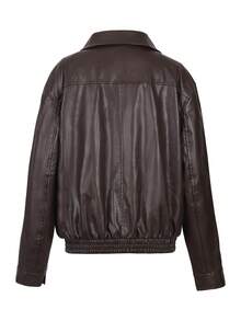 ii Loose Solid Color Lapel Commuter Leather Jacket For Women - Brown - View 4