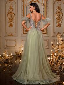 VIPGIRL New Green Spaghetti Strap Sequin Contrast Mesh Elegant Formal Evening Gown Dress, High Slit Backless Dress - Green - View 2