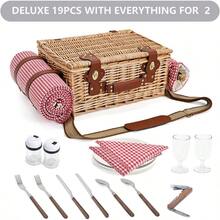 Picnic Basket With Blanket And Wine Pouch For 2 Wicker Picnic Set With Insulated Liner Cooler Bag Hamper For Camping Wedding - Red Gingham - RedGinghamWithBlanketfor2 - View 6