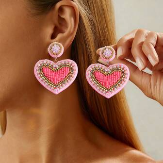 1 par de pendientes con cuentas en forma de corazón rosa, adecuados para uso diario para mujeres, regalo para mamá, Día de la Madre