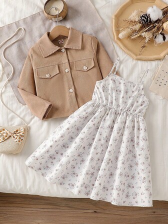 2 st/set flickor vår-/höstjacka, långärmad krage kort jacka + blommig klänning med strumpeband