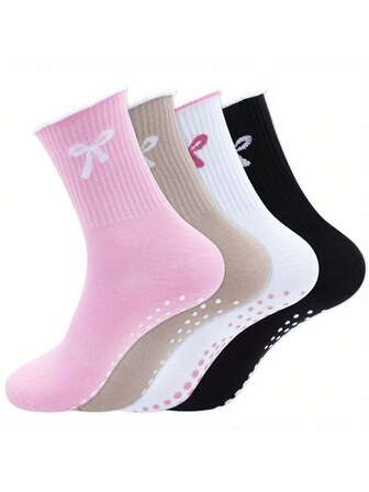 4双纯色蝴蝶结图案普拉提袜、蕾丝边袜、芭蕾舞袜、运动袜