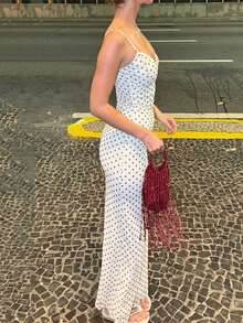 优雅波点印花吊带连衣裙，正式晚宴白色夏季礼服 - 白色 - 查看 7