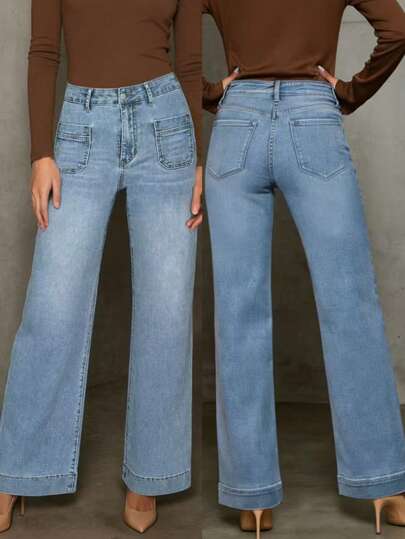 Quần jean ống loe cạp cao cỡ lớn, quần lửng denim dáng rộng co giãn có túi.
