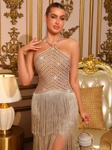 Sexy Spaghetti Strap Heavily Embellished Backless Bodycon Tassel Hem Bandage Dress, Fashionable Women Elegant Holiday Party Evening Gown