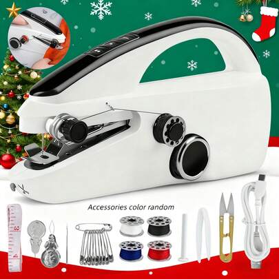 1台手持式缝纫机，含USB数据线和配件套装（配件颜色随机），新款便携式手持电动缝纫机，适用于家庭、旅行、DIY手工、床上用品、窗帘和服装修补，适用于轻薄面料。