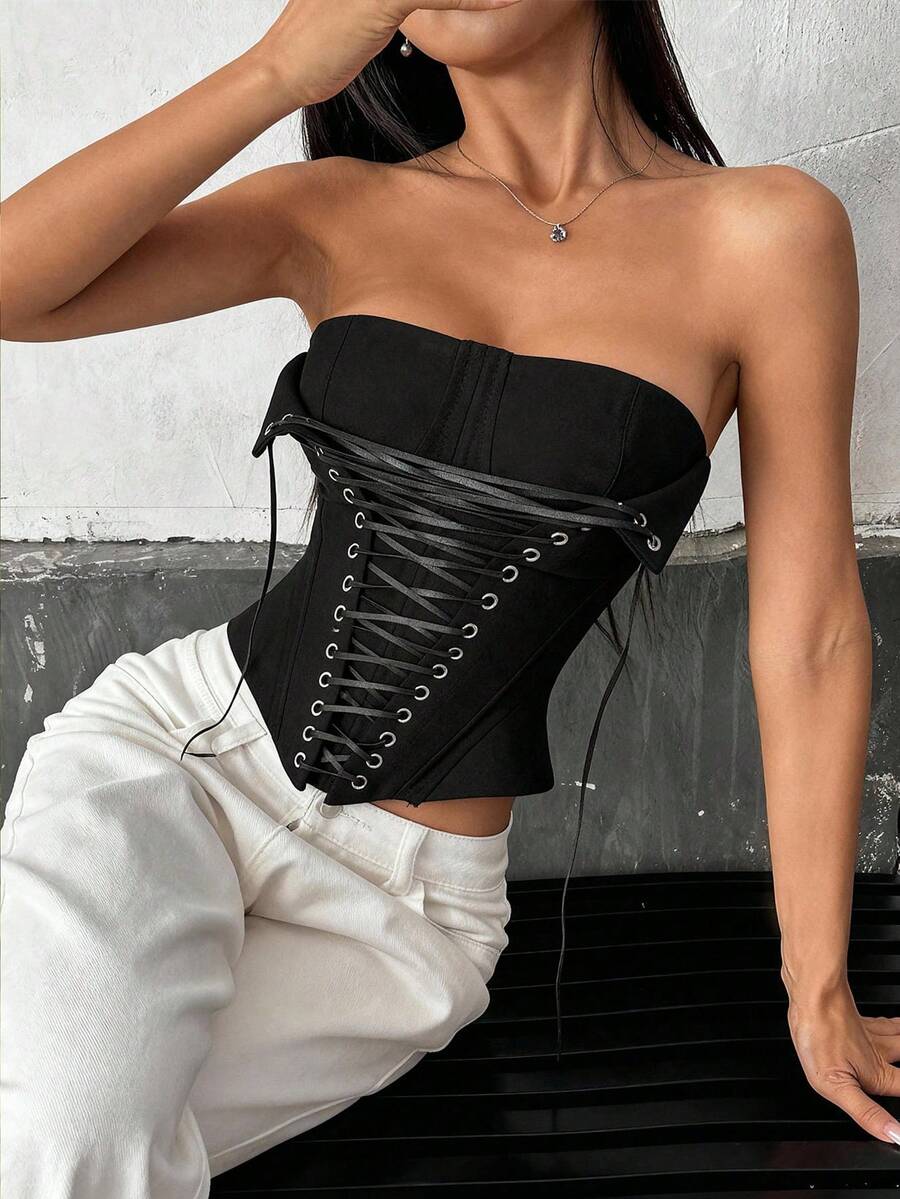 Top corto con cordones de encaje para mujer VexicaY2K - Negro - Ver 1