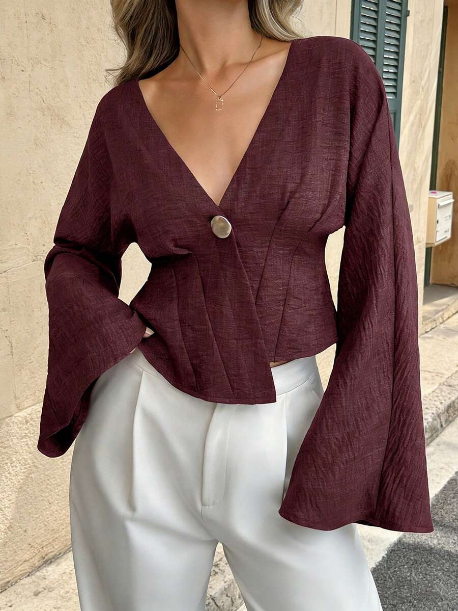 Doriss Asymmetric Button-Up Bell-Sleeve V-Neck Cinching Waist Shirt, Spring & Summer, Valentine's Day, Elegant Ladies, Summer Holiday Outfits, Weddings & Events, Going Out Outfits, Vacation Outfits Women, Beach Outfits For Women, Spring Break Outfits - Burgundy - View 1