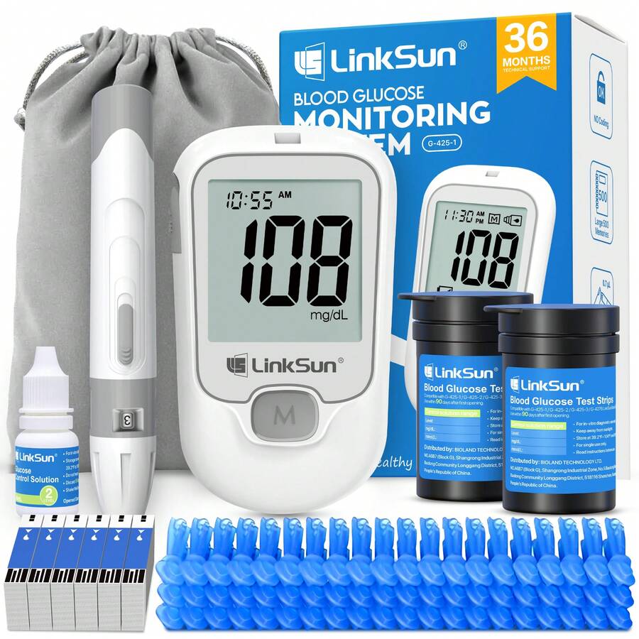LinkSun G-425-1 Blood Glucose Monitor Kit - No Coding, 5-Second Rapid Results, 5 Adjustable Lancing Depth, Extra-Large Display, Complete Kit With Test Strips & Lancets For Diabetes Monitoring - 1機器+100試紙&針+1採血筆&收納包 - 查看 1