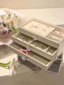 3-stöckige Samt-Schmuckbox, Schubladenart Schmuckorganizer-Box für Halsketten, Ohrringe, Ringe, Geschenk für Frauen und Mädchen, große Kapazität tragbare Schmuckbox, Badezimmer Aufbewahrungsbox, Schreibtisch Schubladenbox, stapelbare Schmuckbox, Schubladenart Schmuckbox, Ring Box Ohrring Organizer, Schubladenart Schmuckbox, 3-lagige Acryl-Samt-Schmuckbox - Verschiedenfarbig - Übersicht 2