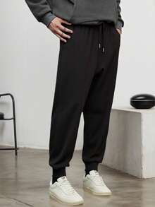 Men's Solid Color Drawstring Sports Pants, Suitable For Outdoor Jogging, Gym Workout, Single Leg Nine-Minute Pants, Spring And Autumn Men's Sports Casual Pants - Black - View 2