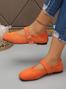 36-43 Plus Size Fashion Square Toe Flat Mary Jane Shoes, Orange Suede Casual Slip-On Shoes, Suitable For Dresses, Spring/Autumn - Orange Suede - View 2