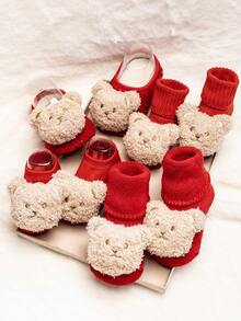 1 Pair Baby Infant New Year Red Series Socks, Cute Elephant & Bear Boat Socks, Mid-Calf Socks, Non-Slip Floor Socks, Soft Breathable Skin-Friendly, New Party Holiday Gathering - Red - View 2