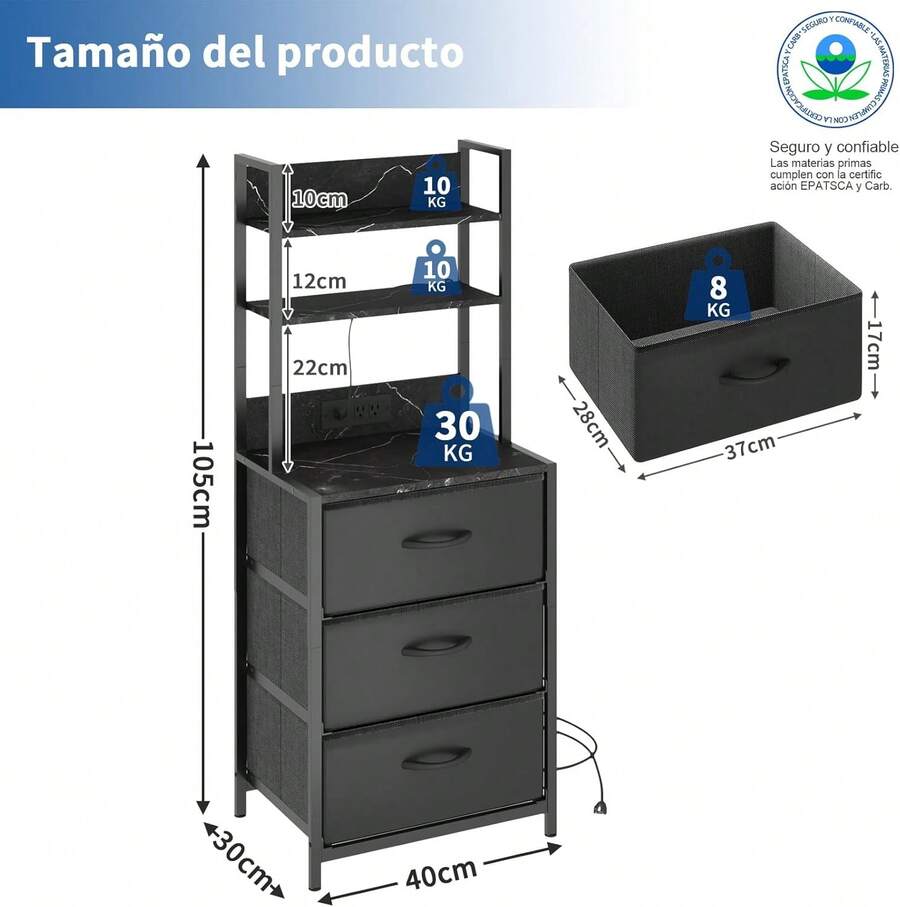 Buros para recamara -Mesita De Noche de 6 Niveles,3 cajones Mesa Auxiliar con Estación De Carga de 2 enchufes y Puertos USB y Tira de luz LED,cajón de Tela de Cuero*3.(ármol+Negro) - Mármol+Negro - Ver 1