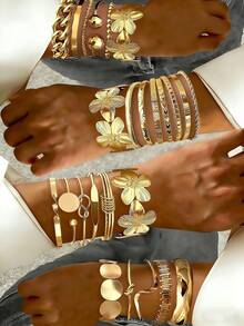 8/6/5/1 Piece(S) Vintage Exaggerated Luxurious Geometric & Floral Design Women Metal Gold Bangle Set, Suitable For Daily Wear And Gift - Gold - View 1