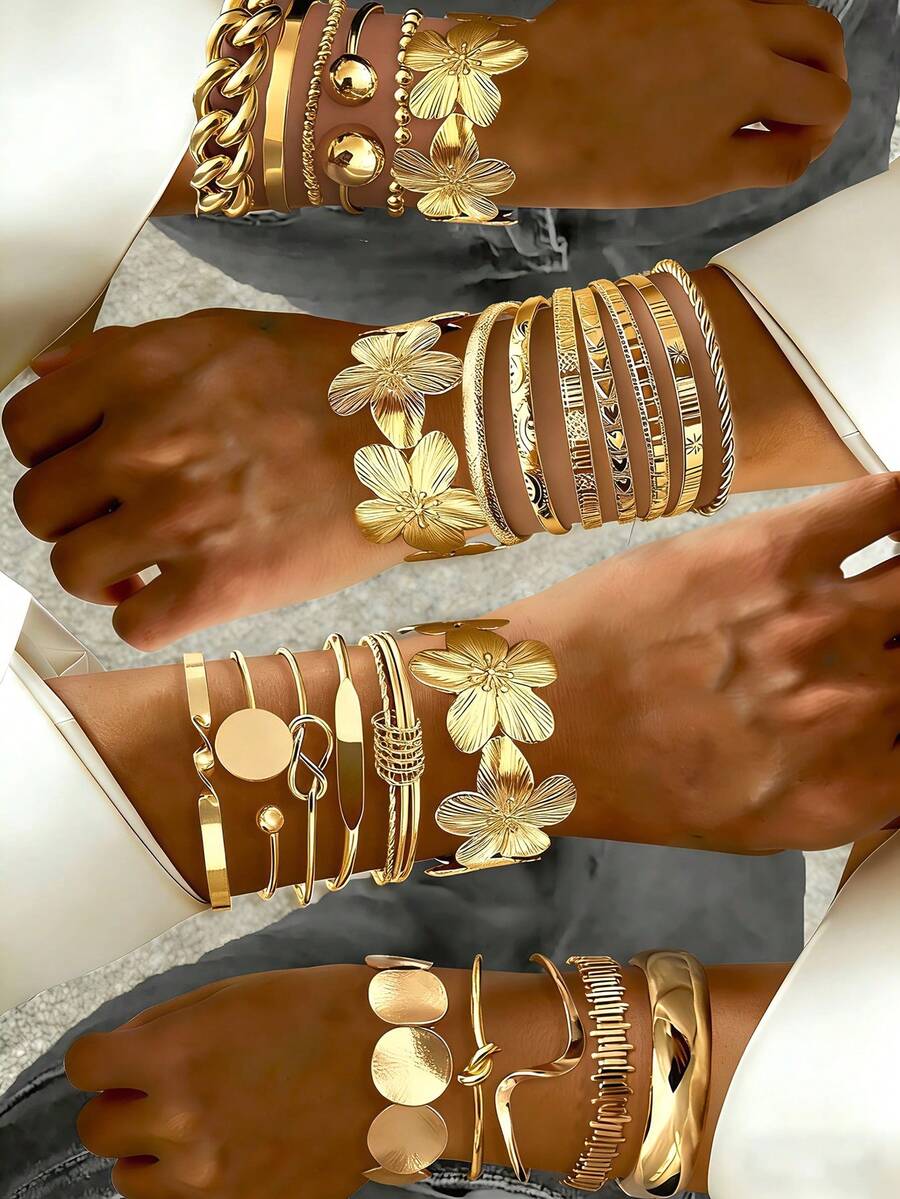 8/6/5/1 Piece(S) Vintage Exaggerated Luxurious Geometric & Floral Design Women Metal Gold Bangle Set, Suitable For Daily Wear And Gift - Gold - View 1