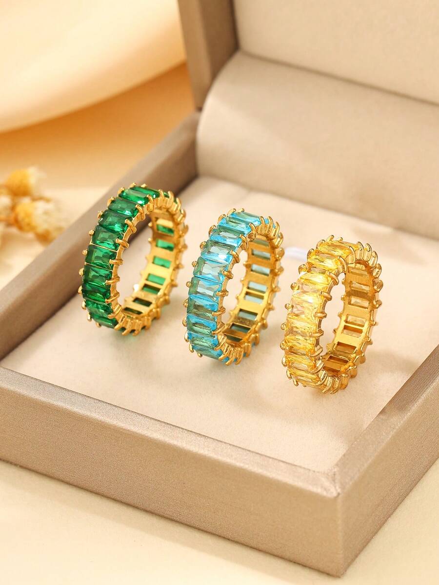 1 chiếc nhẫn thép không gỉ mạ vàng, đính đá hình chữ nhật màu xanh lá cây, xanh dương, vàng, thích hợp làm phụ kiện đeo hàng ngày hoặc quà tặng cho nữ. - Kim cương - Xem 1
