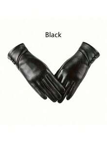 2-Pack Women'S Genuine Leather Gloves, Elegant Solid Color, Full Finger With Elasticity, Stripe Craftsmanship, Touchscreen Compatible, Warm Fleece Lined, Windproof For Weekend Casual Use - Black - View 4