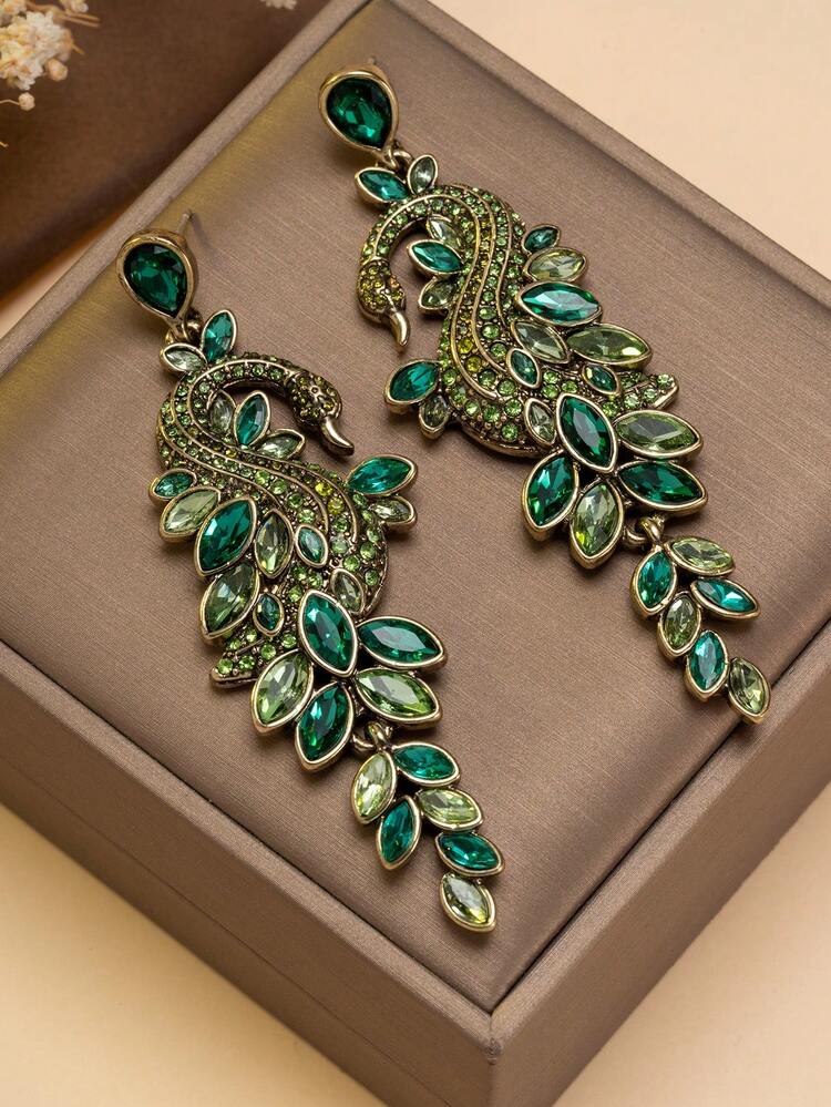 1对孔雀绿玻璃宝石耳环，女士款，奢华长流苏耳环，优雅宴会礼服配饰 - 綠色 - 查看 4