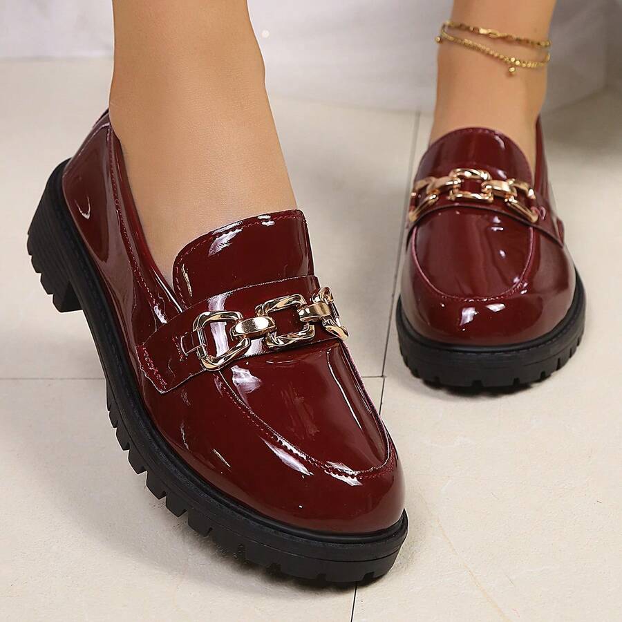 2024 Nuovi arrivi di primavera/autunno, stile britannico, mocassini con tacco alto in pelle verniciata per donne - Bordò - Visualizzare 1