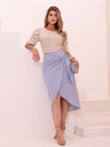 Linen Midi Skirt With Wrap Detail And Elegant Slit - 淺藍色 - 查看 3