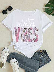 Valentine's Day Graphic Tee Women's Casual Crew Neck Short Sleeve T - Shirt With Leopard Print Letter "VIBES" Pattern Loose Fit Top For Holiday Party - trắng - Xem 4