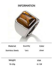 Rectangular Tiger Eye Stone Ring, Stainless Steel Cast, Thick Band, Natural Gemstone Inlay, Fashionable Boho Style, Unisex, Summer Accessory, Seasonal Gift, Gift For Friends - Silver - View 8