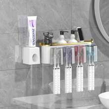 4/3/2 杯壁挂式牙刷架，带牙膏分配器，多功能浴室收纳架，自动牙膏分配器和杯子，免钻孔浴室置物架，豪华浴室套装，壁挂式牙刷收纳架，家居浴室配件 - 彩色 - 查看 11