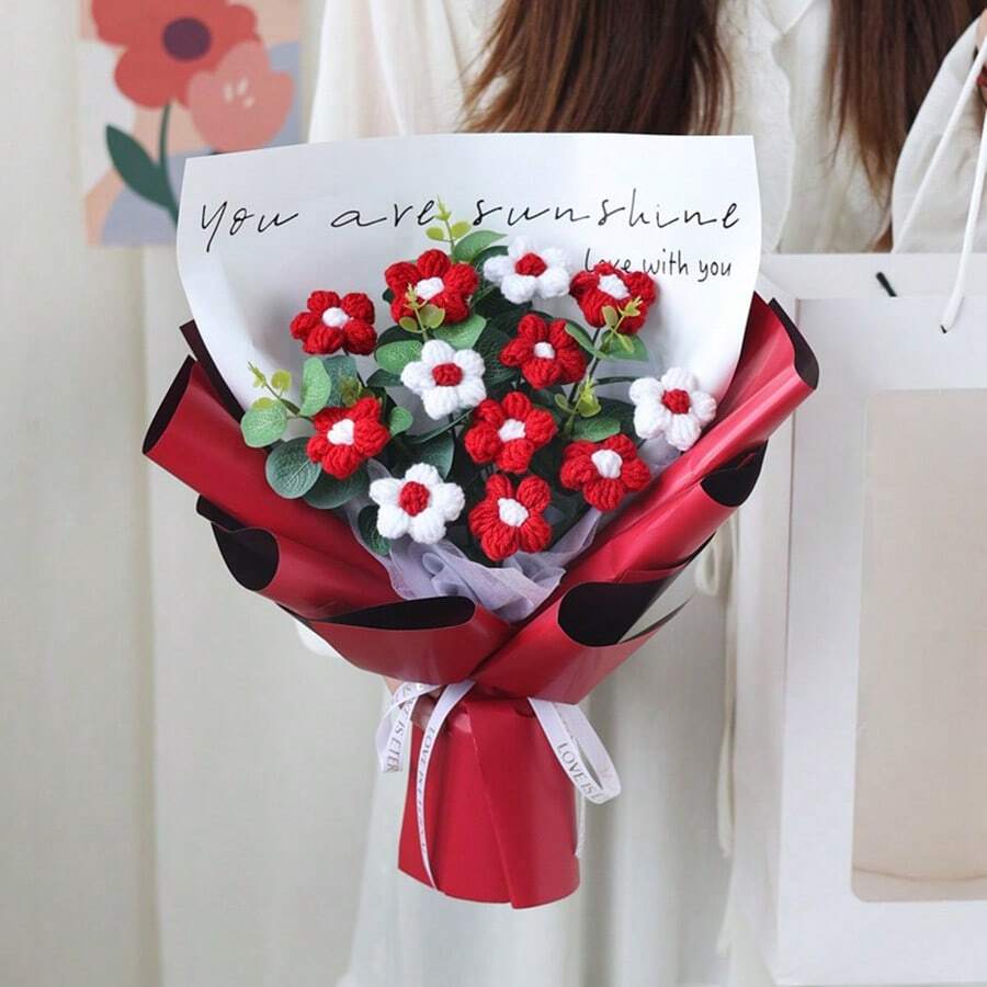 Valentine's Day Gift Graduation Season Gift Creative Mini Knitted Flower Puff Flower Yarn Bouquet Floral Decoration Artificial Flower Bouquet, Creative Mini Bouquet, Graduation, Birthday, Wedding, Decoration Gift Teacher Girlfriend Best Friend - Multicolor - View 1