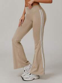 女士高腰喇叭瑜伽裤 - 纯色阔腿运动裤，松紧腰休闲裤，适合健身房、锻炼和休闲穿着 - 杏色 - 查看 5