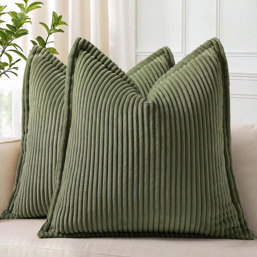 1pc Bohemian Style Decorative Pillow Cover, Corduroy Material, Suitable For Sofa/Couch/Living Room Throw Pillow - Olive Green - View 1
