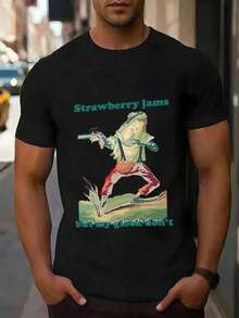 Camiseta de Verano para Hombre de Manga Corta Negra con Estampado Gráfico de Mermelada de Fresa - Camiseta Casual de Corte Regular con Cuello Redondo Lavable a máquina para ropa casual. Estilo de ropa urbana. Obra de arte audaz. Construcción duradera. Top estampado. Estilo urbano - Negro - Ver 7