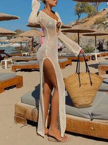 Beige Crochet Beach Cover Up Long Sleeve Hollow Out High Split Maxi Dress - Apricot - View 10