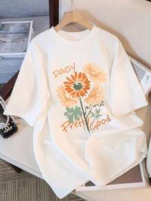 大尺碼女款花卉字母圖案落肩休閒夏季白色T恤 - 白色 - 查看 10