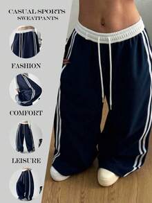 Women's Contrast Trim Drawstring Side Stripe Casual Lounge Pants - Navy Blue - View 7