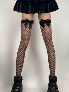 1双性感蝴蝶结过膝网眼长筒袜，适合搭配迷你裙，舒适袜子 - 黑色 - 查看 1