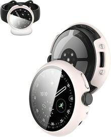 para Google Pixel Watch 4 45mm Funda Protectora de PC Duro con Protector de Pantalla de Vidrio Templado, Carga Amigable con la Funda -Negro - Blanco - Ver 2