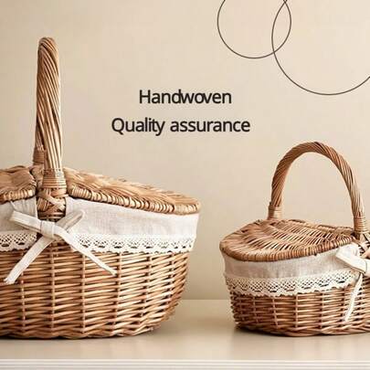 Wicker Picnic Basket With Lid Vintage French Country Style Rattan Storage Hamper Lace Bow Decor Outdoor Camping Beach Park Garden Party Photo Prop Home Organizer Gift