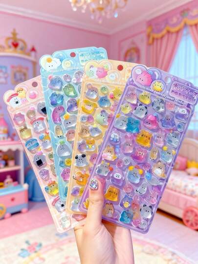 POKOJA LAND 3D立体浮雕贴纸，防水透明水晶贴纸，适合作为儿童奖励礼物，1包，怪兽、动物主题材质，可用于手机壳、水瓶、玩具、冰箱等装饰，推荐6岁以上儿童使用。