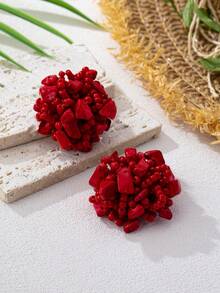 1 Đôi bông tai đính đá ngọc lam thủ công, mỗi chiếc đều độc đáo, kiểu dáng thanh lịch, thích hợp làm quà tặng cho bạn bè. - Đỏ - Xem 4