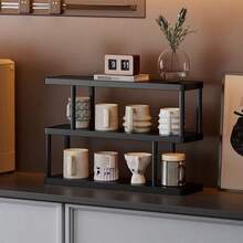 3-Tier Modern Black Storage Rack, Multi-Layer Shelf - Freestanding Multilayer Storage Rack, Black Frame, Suitable For Kitchen, Bathroom And Bedroom - Space-Saving Home Decor Shelving Unit, Simple Design, Durable, Easy To Clean, Combines Aesthetics And Functionality, A Versatile Compact Storage Solution. Great For Displaying Books, Cups And Small Items. Desktop Organizer, Multifunctional Desktop Storage Rack. With Cup Holder. - Black - View 1