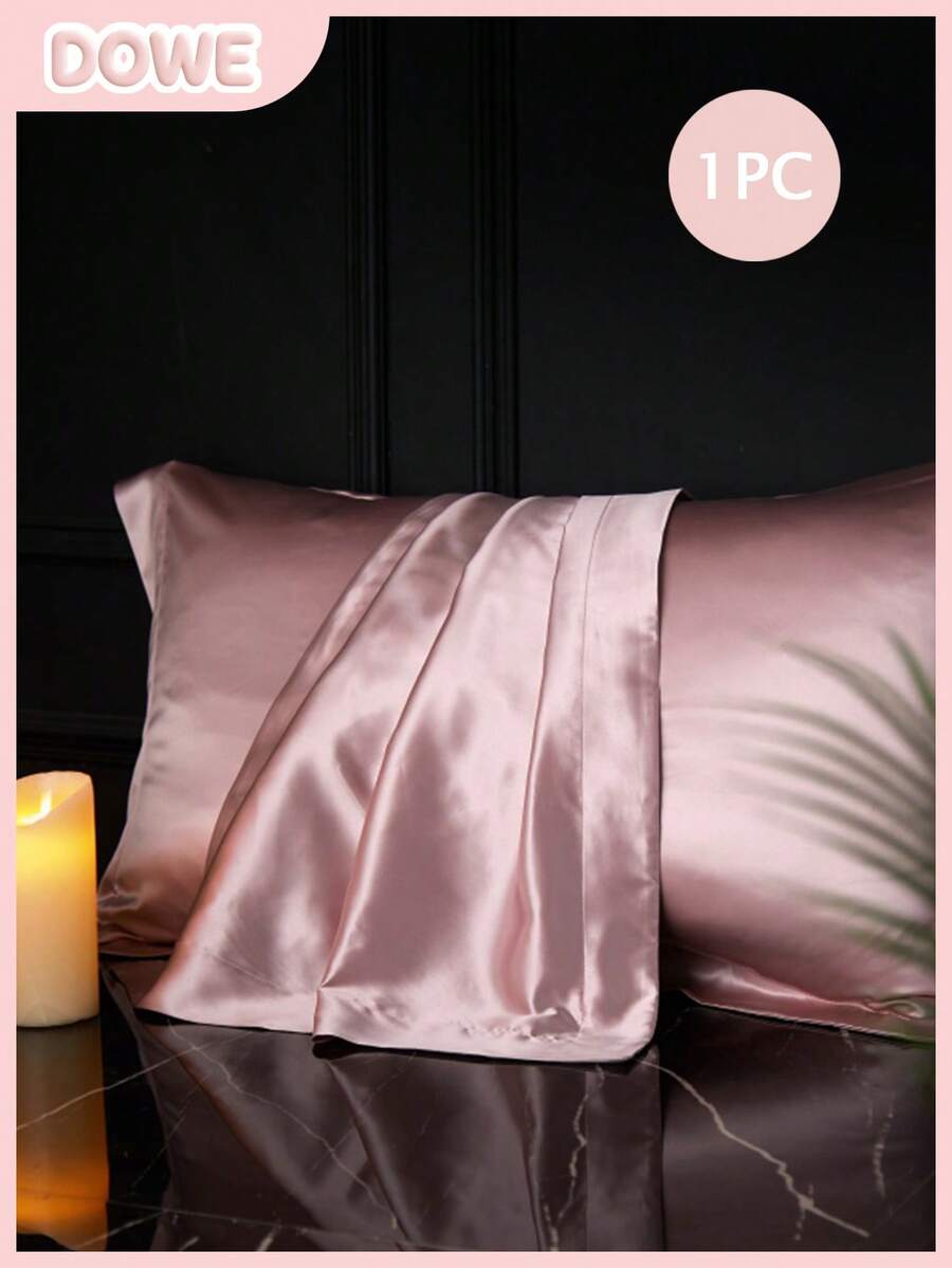 1pc Solid Color Soft Breathable Silk-Like Satin Wide Edge Zipperless Pillowcase - Pink - View 1