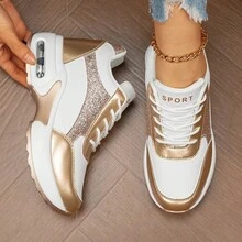 Women's Wedge Heel Thick Soled Sports Shoes, Comfortable And Versatile, Thick Soled Breathable And Height Increasing Women's Shoes - 白金 - 查看 2