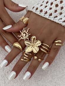 8件套复古光滑素圈戒指，波西米亚海星个性化戒指，时尚戒指