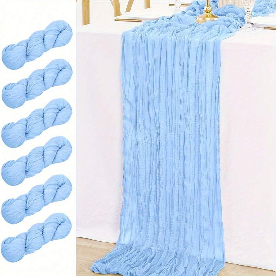 1/3件装蓝色圣诞薄纱桌旗,浅蓝色波西米亚农舍风格薄纱面料,120英寸/10英尺,适用于派对、婴儿派对、生日、家居装饰、节日装饰 - 藍色 - 查看 1