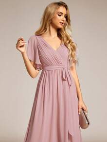 EVERPRETTY Đầm phù dâu dài tay bồng bằng chiffon cổ chữ V thanh lịch, thích hợp cho khách dự đám cưới và các sự kiện trang trọng mùa xuân. - Bụi hồng - Xem 6