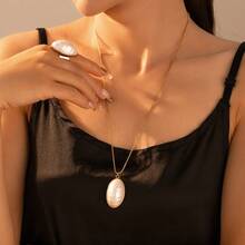 1PCS New Fashion French Oval Mother-Of-Pearl Pendant Collarbone Necklace Ring Earrings Titanium Steel Plated Light Luxury Set Suitable For Daily Wear - TXP093-鋼色項鍊 - 查看 2