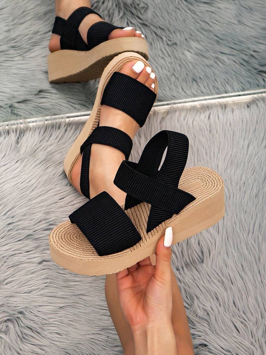 Giày sandal đế xuồng mùa hè cho nữ, sandal đế xuồng, sandal espadrille hở mũi quai ngang cổ chân màu đen cổ điển, giày lười đi biển ngoài trời. - màu đen - Xem 1