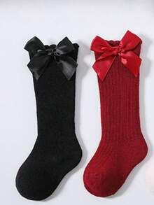 5 Pairs Girls Cute Bow Solid Over-The-Knee Socks, School Style Baby Long Socks, Suitable For 0-5 Years Old Girls Daily Wear, All Seasons, Gift