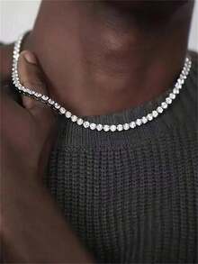 2pcs Tennis Themed Rhinestone Necklace & Bracelet Set, Shiny Hip Hop Jewelry Accessories Suitable For Both Men And Women - Multicolor - View 2